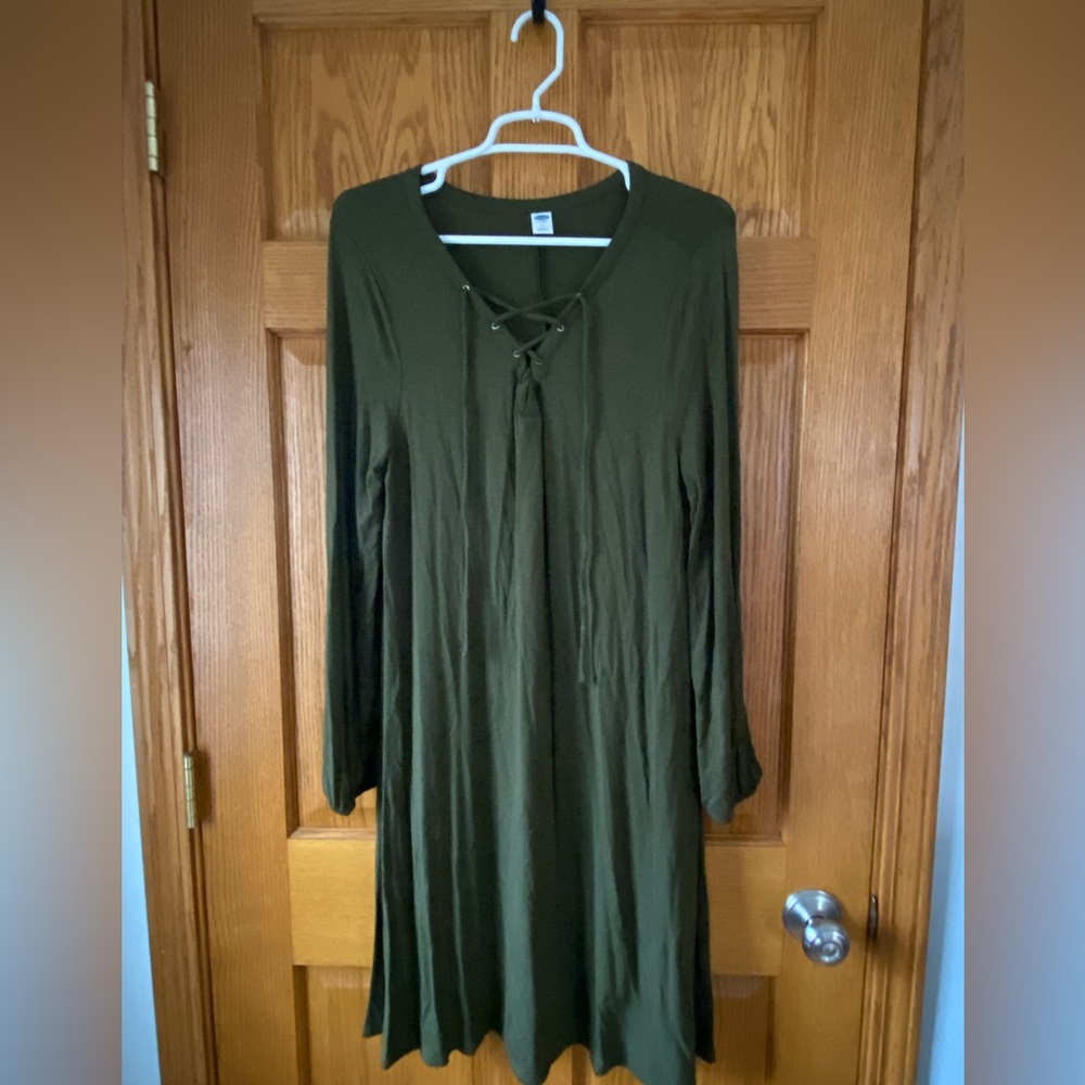Long-Sleeved Olive Green Rayon/Spandex Swing Dress